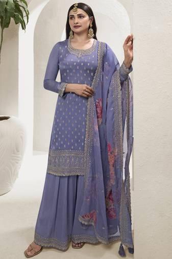 Lavender chinon embroidered designer sharara suit