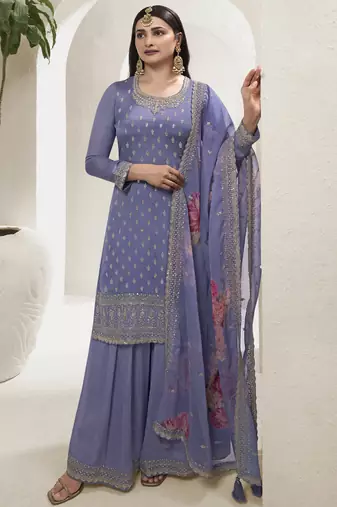 Lavender chinon embroidered designer sharara suit