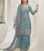 Sky blue chinon embroidered designer sharara suit
