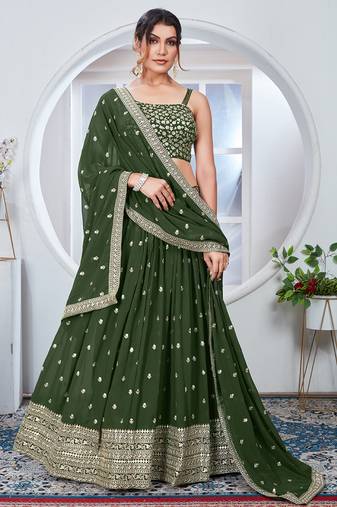 Faux Georgette Thread And Sequence Embroidered Work Green Trendy Lehenga Choli