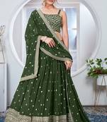 Faux Georgette Thread And Sequence Embroidered Work Green Trendy Lehenga Choli