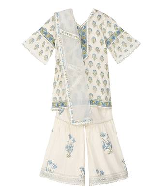 Off white cotton block printed silver sharara set 1