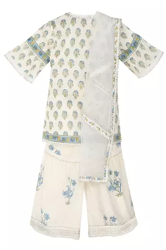 Off white cotton block printed silver sharara set