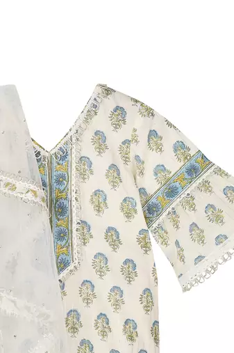 Off white cotton block printed silver sharara set