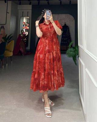 Designer chinnon silk Floral print foil work Frock 1