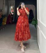 Designer chinnon silk Floral print foil work Frock