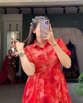 Designer chinnon silk Floral print foil work Frock 3