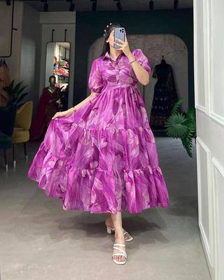 Designer chinnon silk Floral print foil work Frock 1