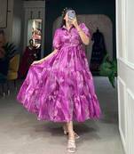 Designer chinnon silk Floral print foil work Frock