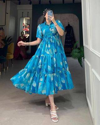 Designer chinnon silk Floral print foil work Frock 1