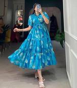 Designer chinnon silk Floral print foil work Frock