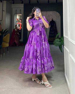 Designer chinnon silk Floral print foil work Frock 1