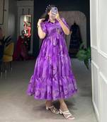 Designer chinnon silk Floral print foil work Frock