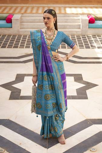 Aqua blue silk Blend foil print patola contemporary saree