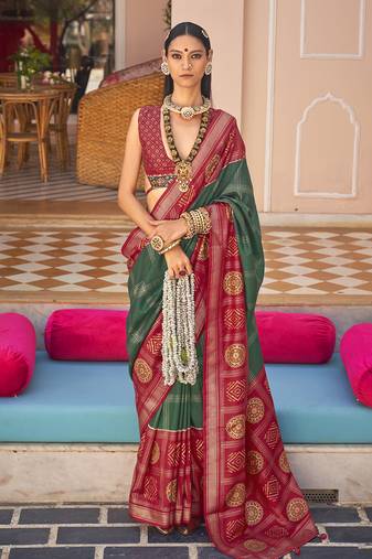 Silk Blend Dark Green Foil Print Patola Saree