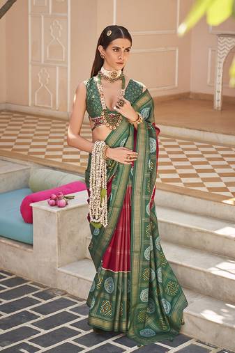 Silk Blend Dark Green Patola Foil Print Classic Saree