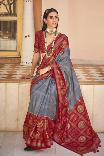 Patola Foil Print Silk Blend Grey Contemporary Saree