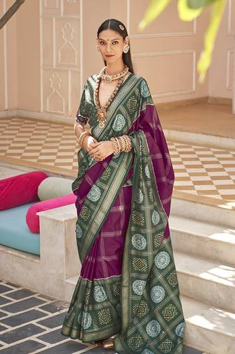 Silk Blend Foliage Prints Burgundy Patola Saree