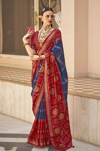 Navy Blue Patola Foliage Prints Silk Blend Designer Saree