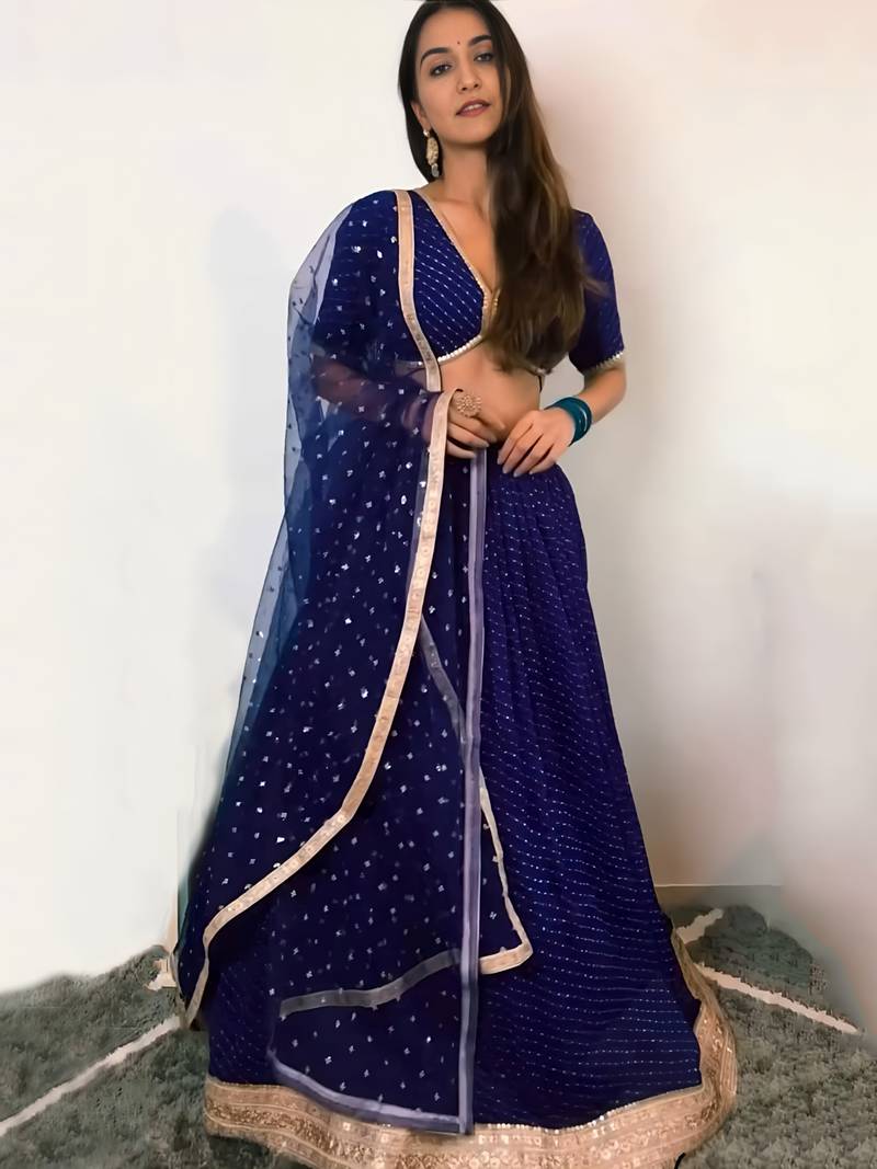 Ink Blue Georgette Sequin Embroidered Wedding Lehenga Choli