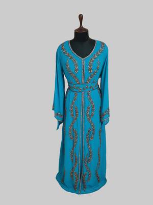 Cyan color Full Sleeves Handmade Moroccan Kaftan 1