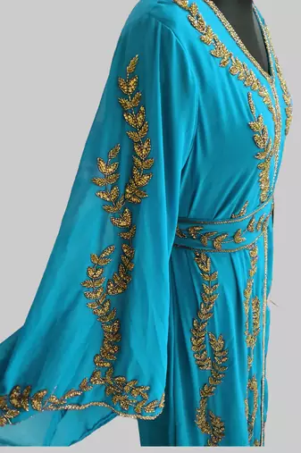 Cyan color Full Sleeves Handmade Moroccan Kaftan