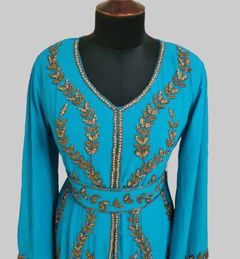 Cyan color Full Sleeves Handmade Moroccan Kaftan 3