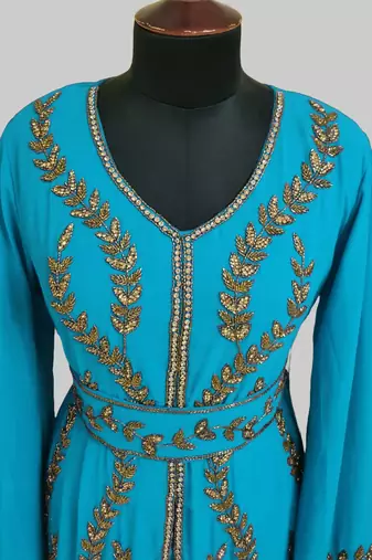 Cyan color Full Sleeves Handmade Moroccan Kaftan