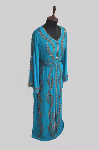 Cyan color Full Sleeves Handmade Moroccan Kaftan