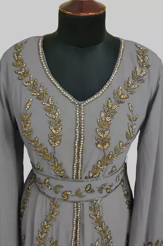 Grey color Full Sleeves Handmade Moroccan Kaftan 