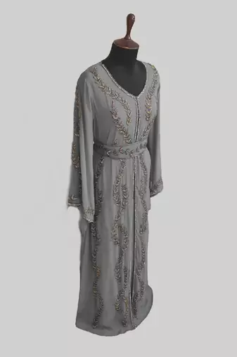 Grey color Full Sleeves Handmade Moroccan Kaftan 