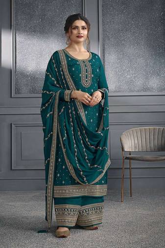 Teal green embroidered dola silk semi-stitched salwar suit