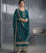 Teal green embroidered dola silk semi-stitched salwar suit