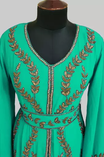 Sea Green color Full Sleeves Handmade Moroccan Kaftan
