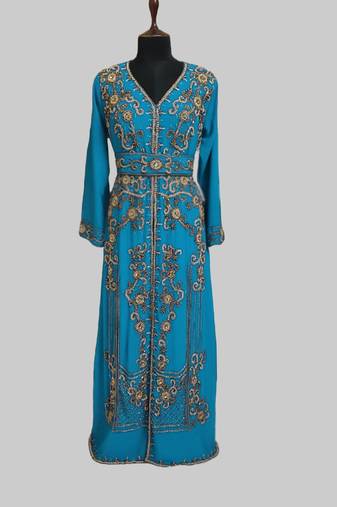 Cyen color luxurious Full Sleeves Handmade Moroccan Kaftan.