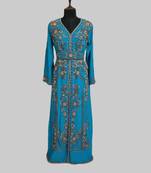 Cyen color luxurious Full Sleeves Handmade Moroccan Kaftan.