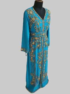 Cyen color Full Sleeves Handmade Moroccan Kaftan 4