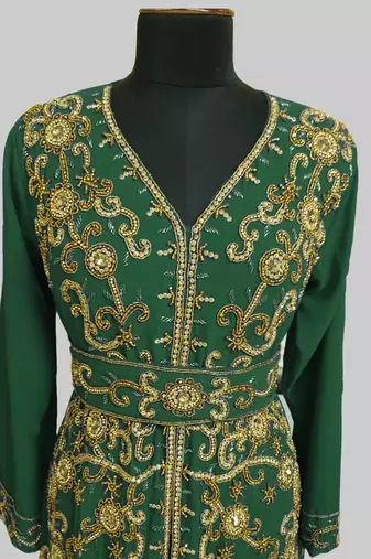 Dark Green color Full Sleeves Handmade Moroccan Kaftan 