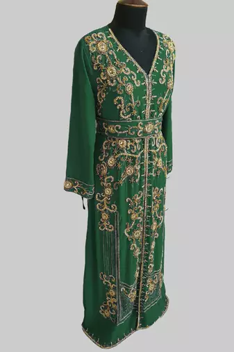 Dark Green color Full Sleeves Handmade Moroccan Kaftan 