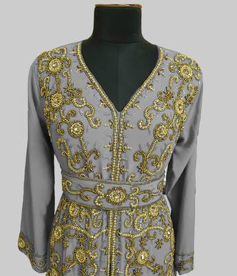 Grey color Full Sleeves Handmade Moroccan Kaftan 2