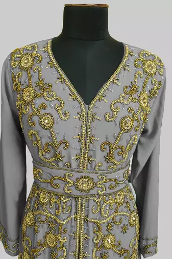 Grey color Full Sleeves Handmade Moroccan Kaftan
