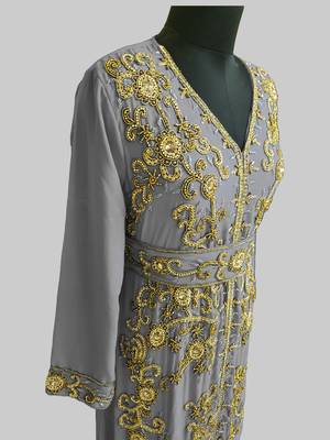 Grey color Full Sleeves Handmade Moroccan Kaftan 3