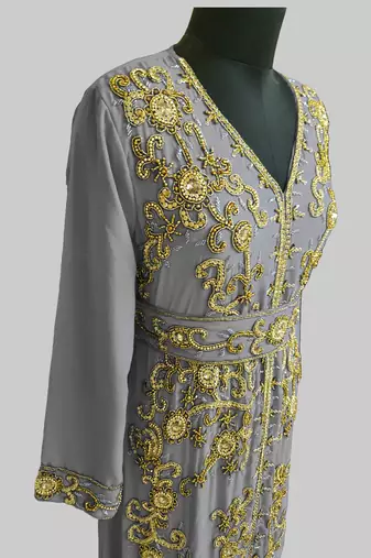 Grey color Full Sleeves Handmade Moroccan Kaftan