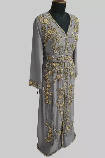 Grey color Full Sleeves Handmade Moroccan Kaftan