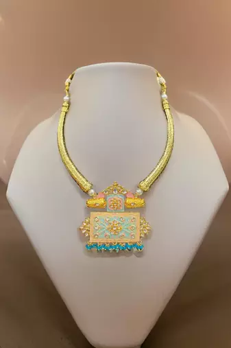 Hasli necklace set with matching earrings meenakari work, kundan stones, gold polish, adjustable drawstring