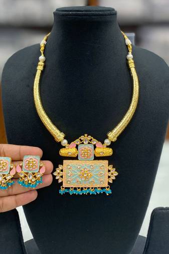Hasli necklace set with matching earrings meenakari work, kundan stones, gold polish, adjustable drawstring