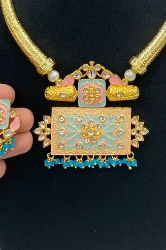 Hasli necklace set with matching earrings meenakari work, kundan stones, gold polish, adjustable drawstring