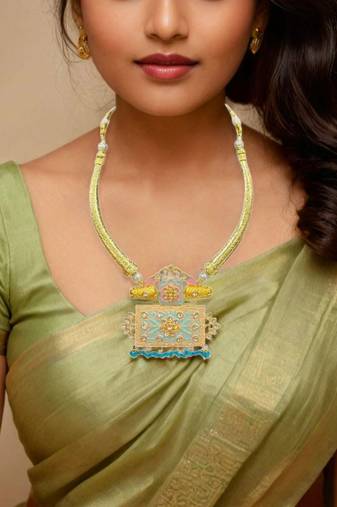 Hasli necklace set with matching earrings meenakari work, kundan stones, gold polish, adjustable drawstring