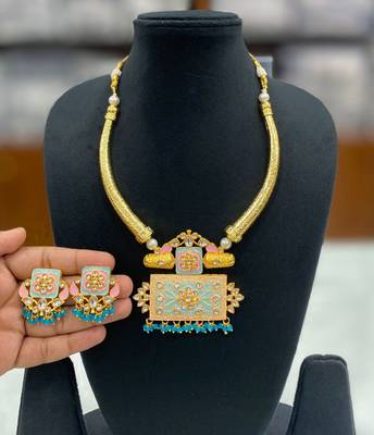 Hasli necklace set with matching earrings meenakari work, kundan stones, gold polish, adjustable drawstring 2