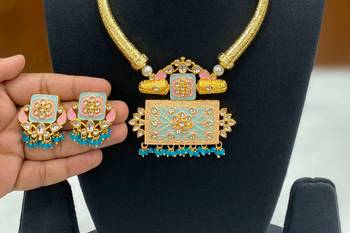Hasli necklace set with matching earrings meenakari work, kundan stones, gold polish, adjustable drawstring 3